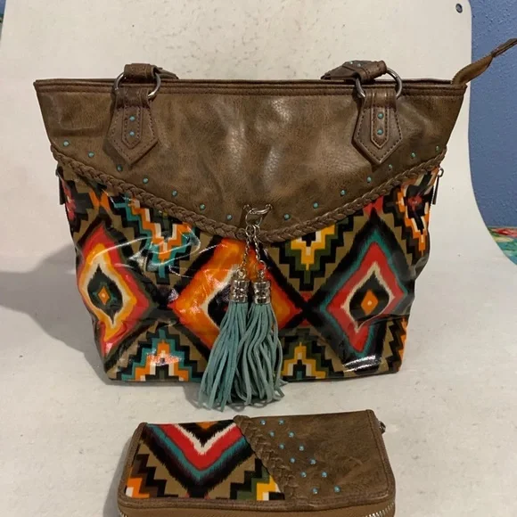 Catchfly Aztec Southwestern Print Satchel and Matching Zip Around Wallet - Picture 1 of 11